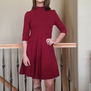 Burgundy 3/4 Sleeve Mock Turtle Neck Skater Dress